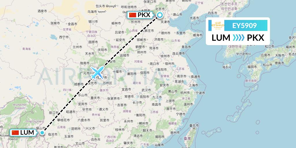 EY5909 Etihad Airways Flight Map: Mangshi to Beijing