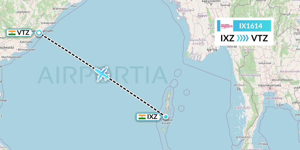 IX1614 Air India Express Flight Map: Port Blair to Visakhapatnam