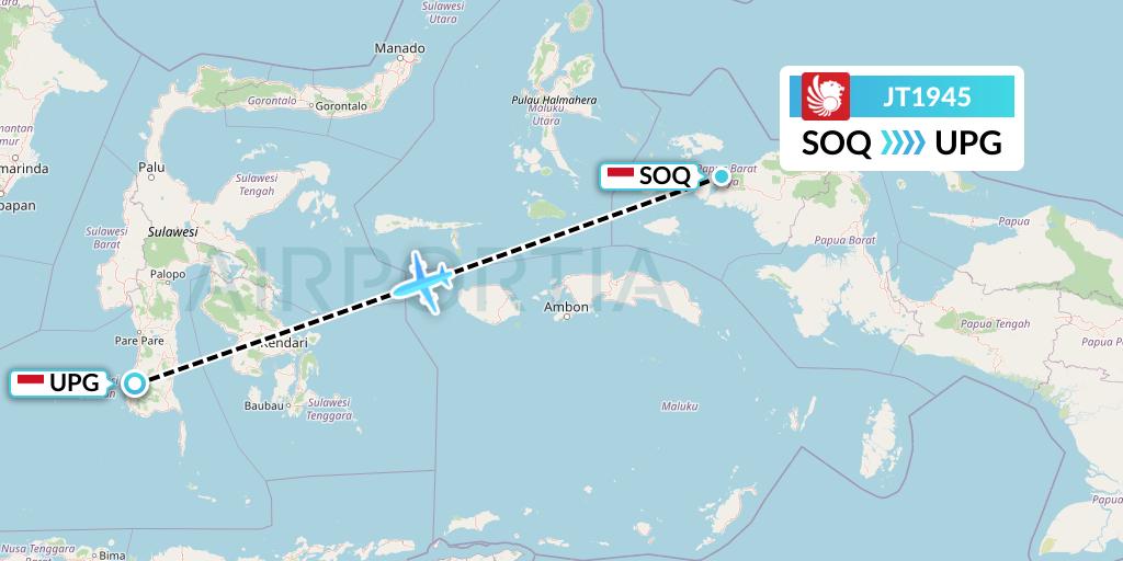 JT1945 Lion Airlines Flight Map: Sorong to Makassar