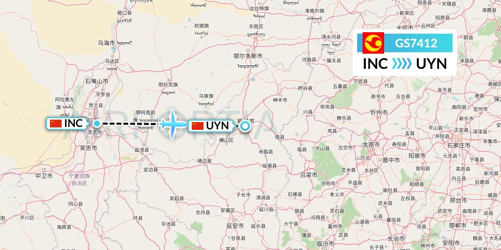 GS7412 Tianjin Airlines Flight Map: Yinchuan to Yulin