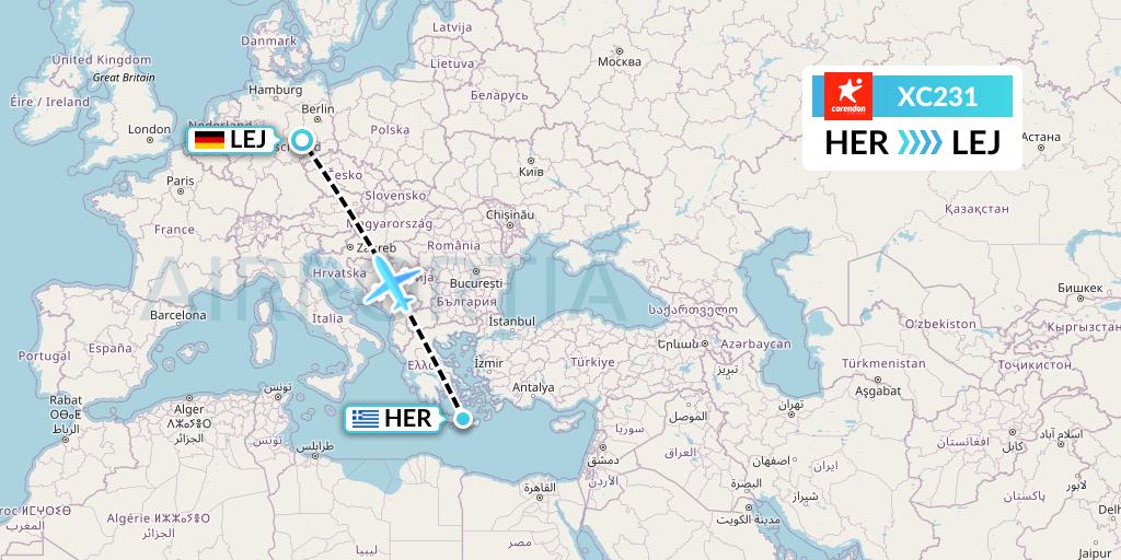 XC231 Corendon Airlines Flight Map: Heraklion to Leipzig