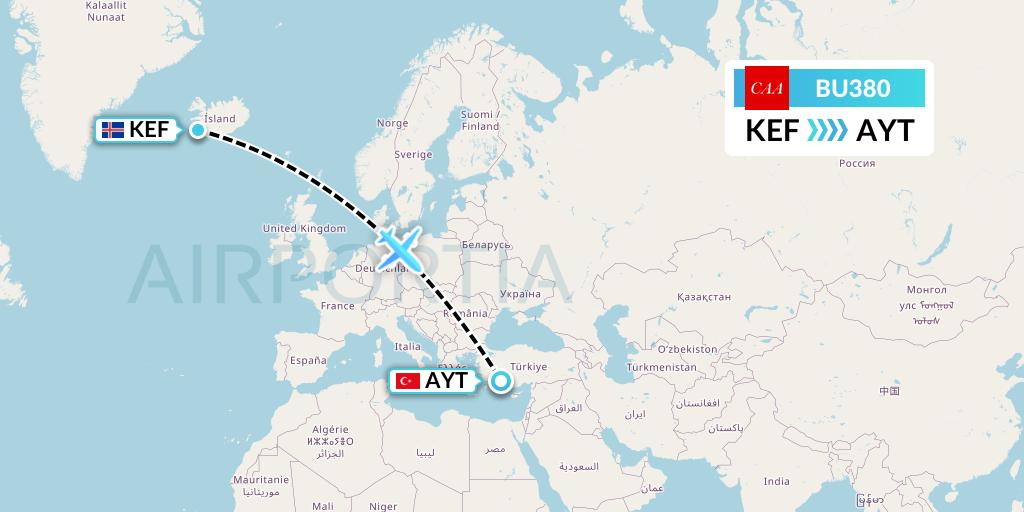 BU380 flyCAA Flight Map: Reykjavik to Antalya