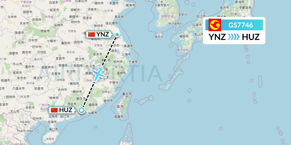 GS7746 Tianjin Airlines Flight Map: Yancheng to Huizhou