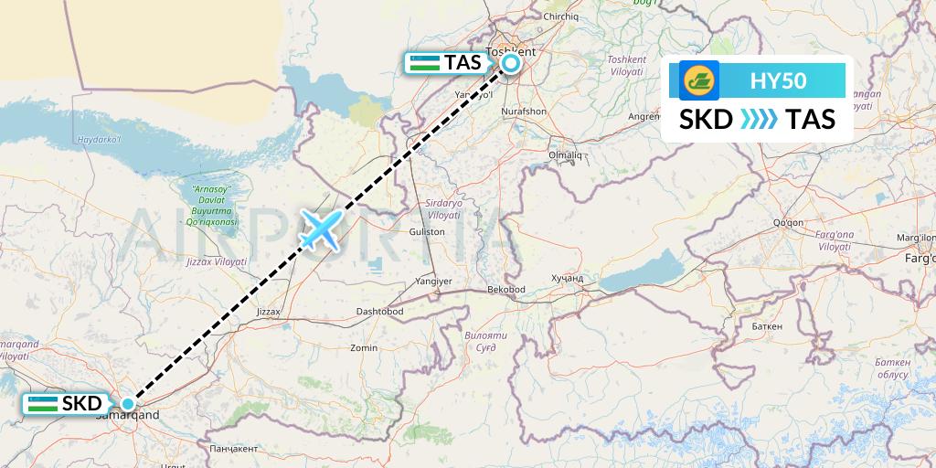 HY50 Uzbekistan Airways Flight Map: Samarkand to Tashkent