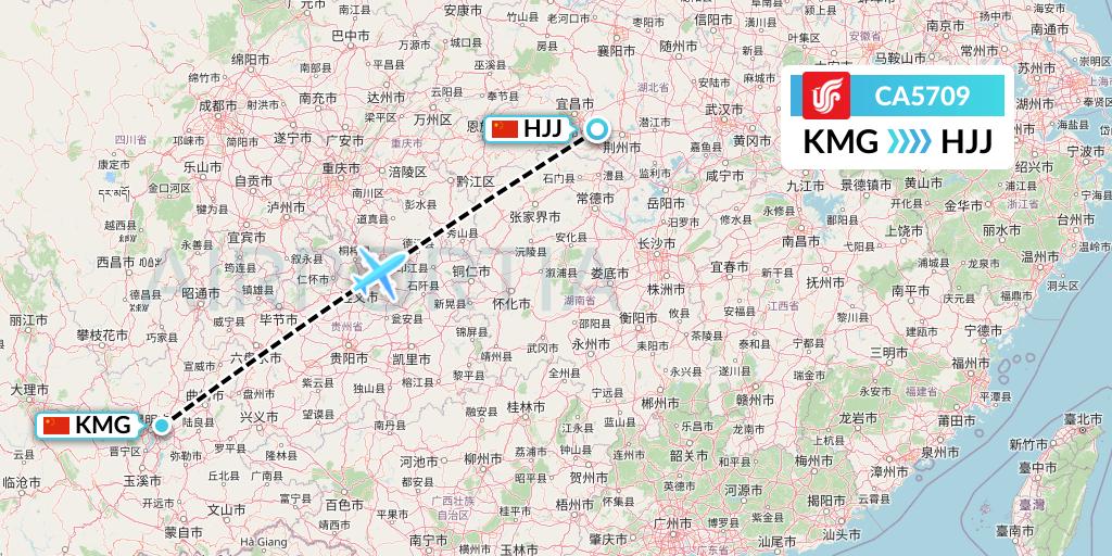 CA5709 Air China Flight Map: Kunming to Huaihua