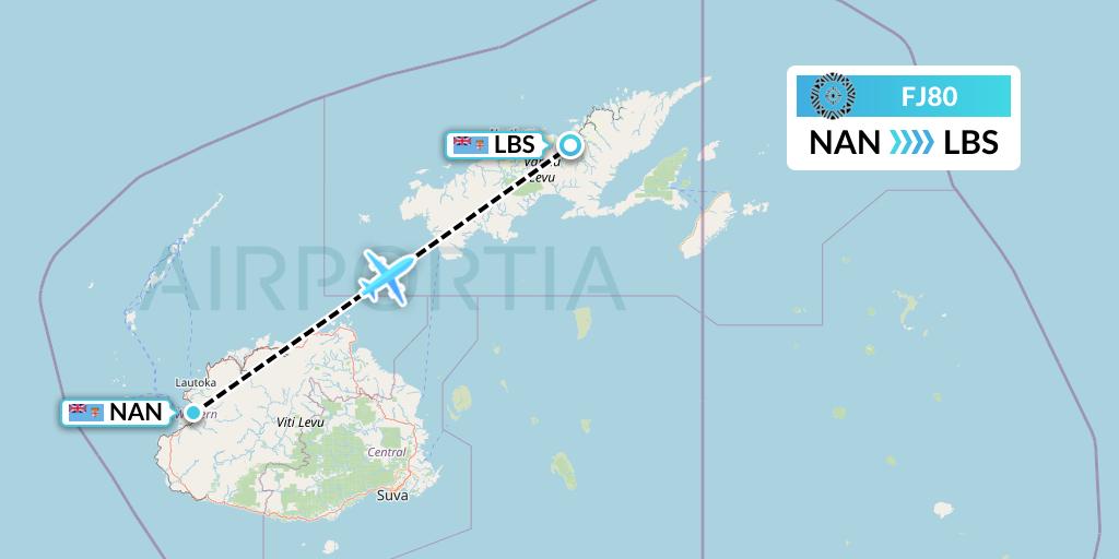 FJ80 Fiji Airways Flight Map: Nadi to Labasa