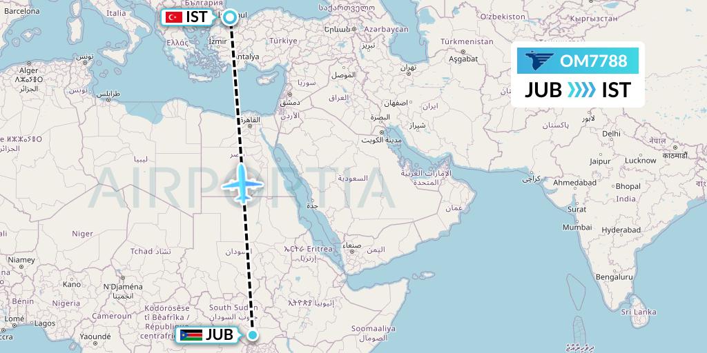OM7788 MIAT Mongolian Airlines Flight Map: Juba to Istanbul