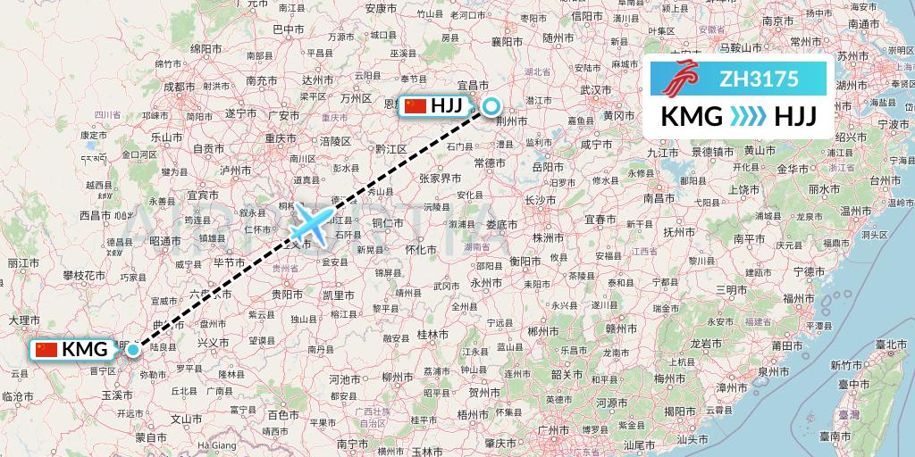 ZH3175 Shenzhen Airlines Flight Map: Kunming to Huaihua