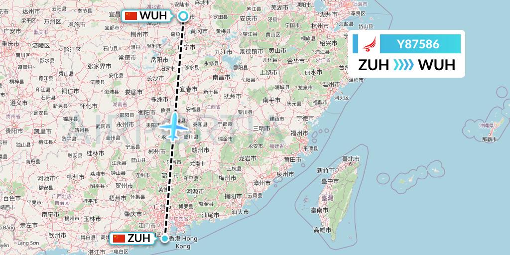 Y87586 Yangtze River Express Flight Map: Zhuhai to Wuhan