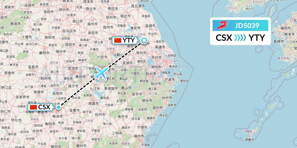 JD5039 Capital Airlines Flight Map: Changsha to Yangzhou