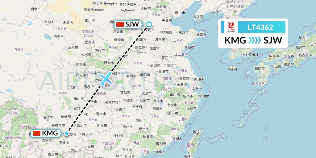 LT4362 LongJiang Airlines Flight Map: Kunming to Shijiazhuang
