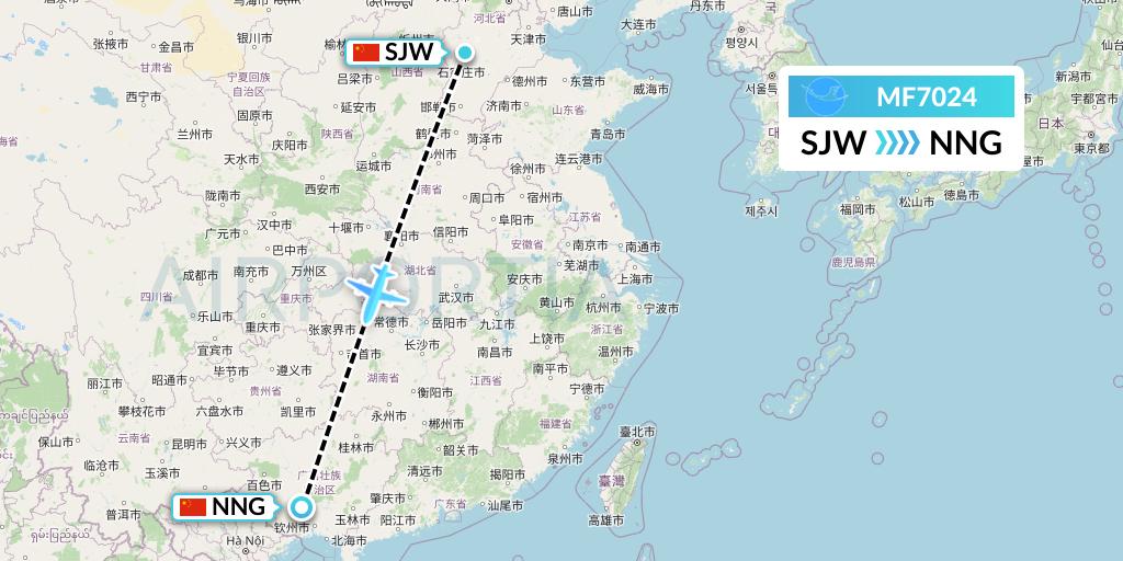 MF7024 Xiamen Airlines Flight Map: Shijiazhuang to Nanning
