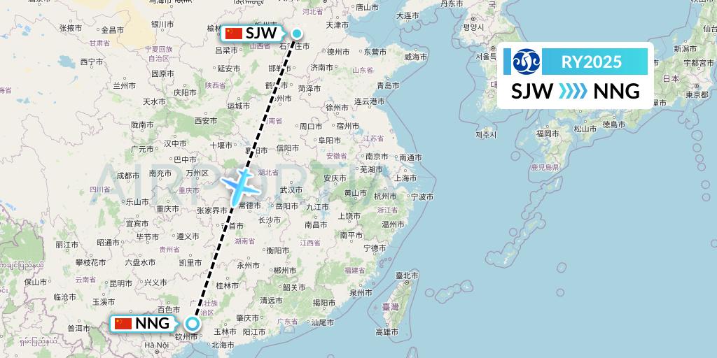 RY2025 Jiangxi Air Flight Map: Shijiazhuang to Nanning