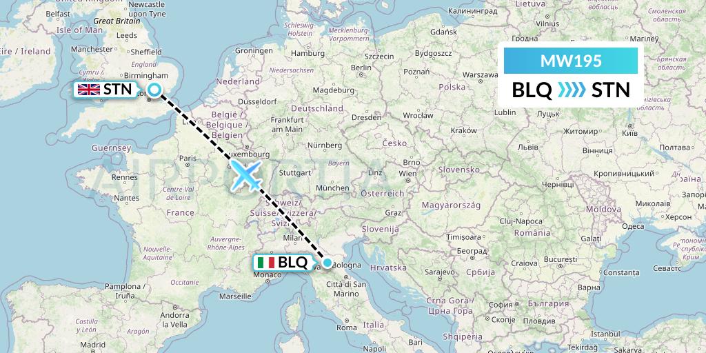 MW195 Mokulele Flight Service Flight Map: Bologna to London