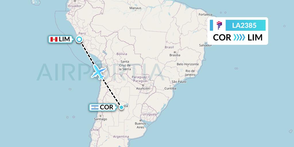 LA2385 LAN Airlines Flight Map: Cordoba to Lima