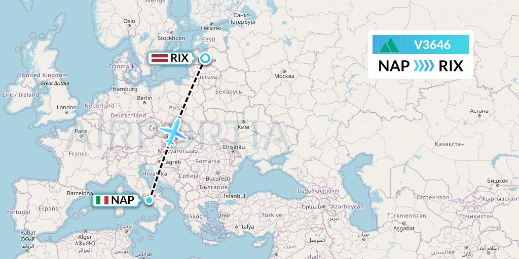 V3646 Carpatair Flight Map: Naples to Riga