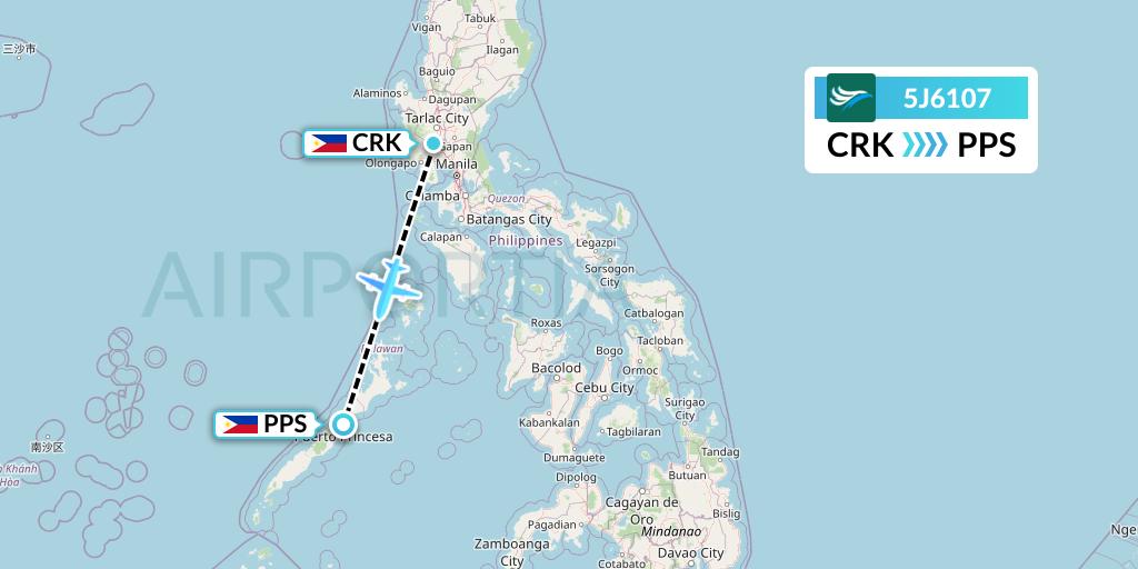5J6107 CEBU Pacific Air Flight Map: Angeles City to Puerto Princesa City