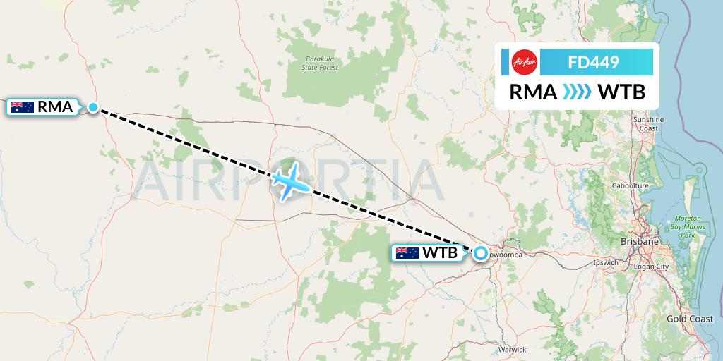 FD449 Thai AirAsia Flight Map: Roma to Toowoomba