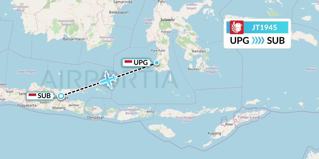 JT1945 Lion Airlines Flight Map: Makassar to Surabaya