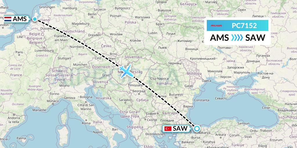 PC7152 Pegasus Airlines Flight Map: Amsterdam to Istanbul