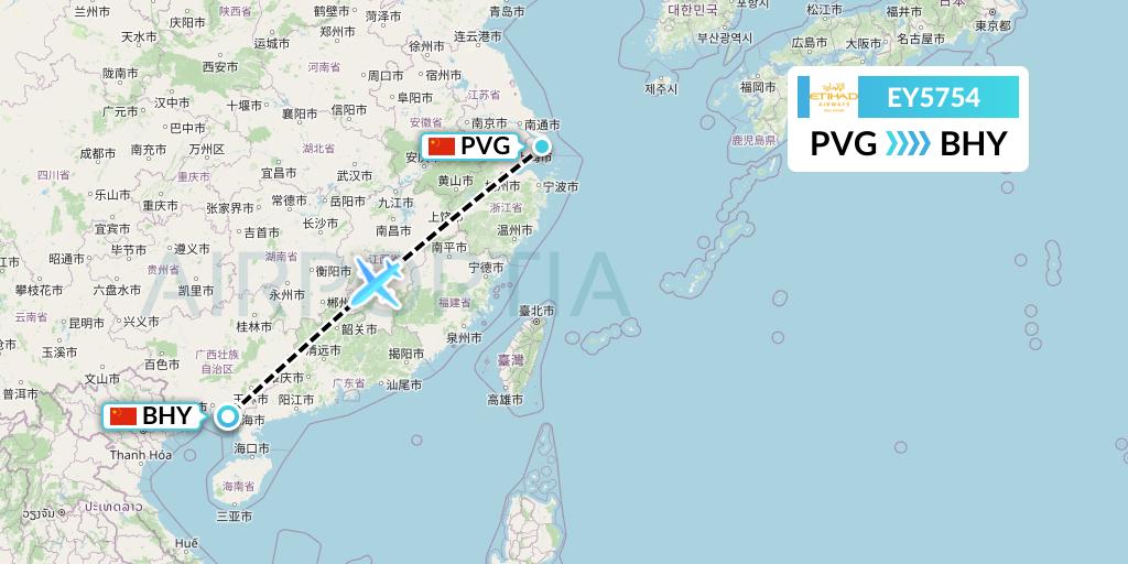 EY5754 Etihad Airways Flight Map: Shanghai to Beihai