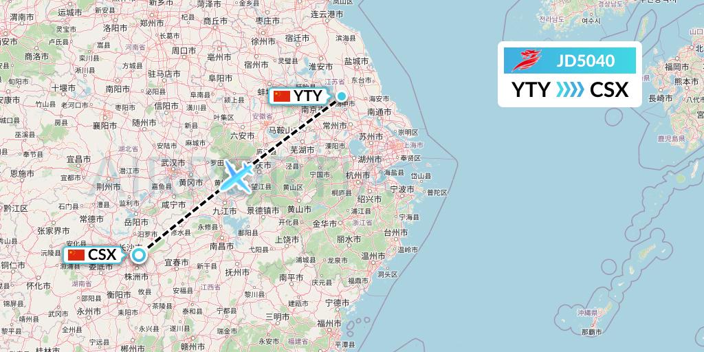 JD5040 Capital Airlines Flight Map: Yangzhou to Changsha