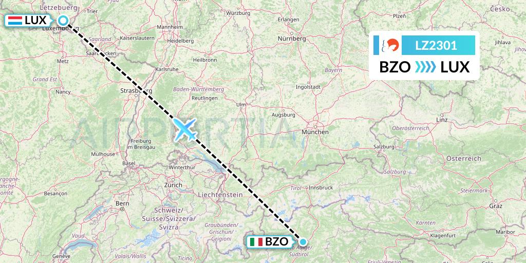 LZ2301 Air Link Flight Map: Bolzano to Luxembourg