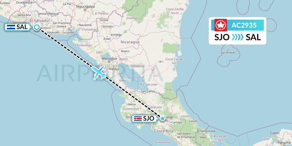 AC2935 Air Canada Flight Map: San Jose to San Salvador
