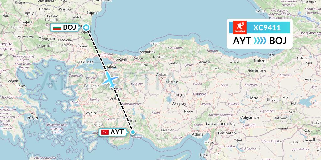 XC9411 Corendon Airlines Flight Map: Antalya to Burgas