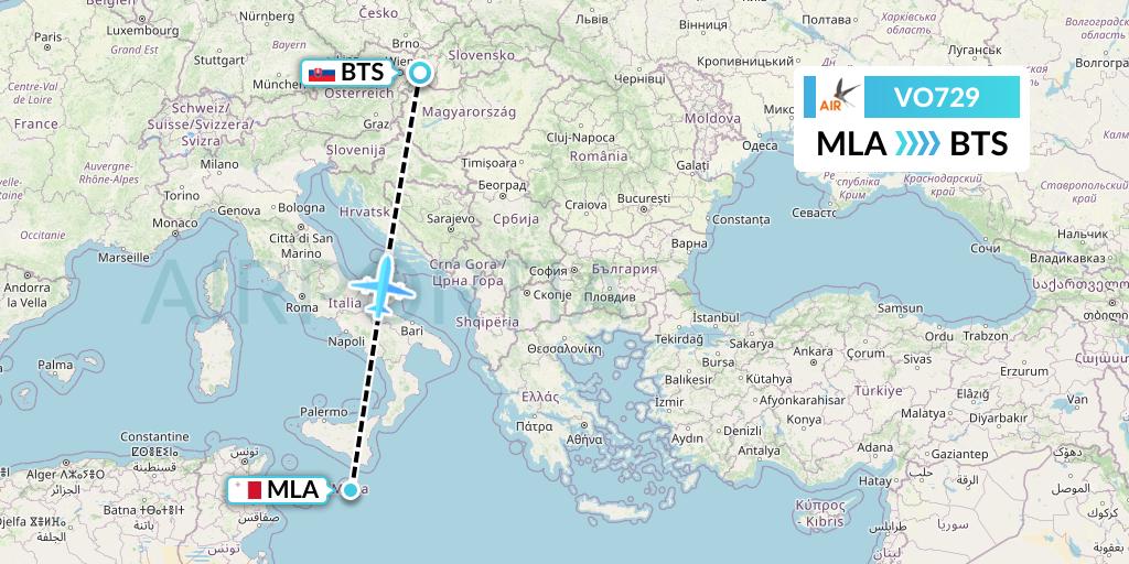 VO729 Voyage Air Flight Map: Malta to Bratislava