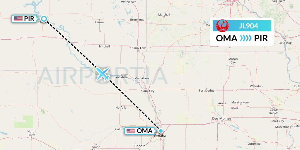 JL904 Japan Airlines Flight Map: Omaha to Pierre