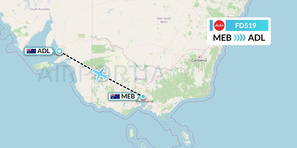 FD519 Thai AirAsia Flight Map: Essendon to Adelaide