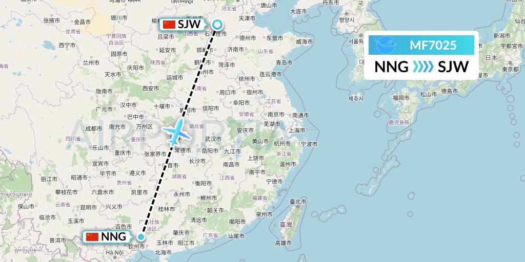 MF7025 Xiamen Airlines Flight Map: Nanning to Shijiazhuang