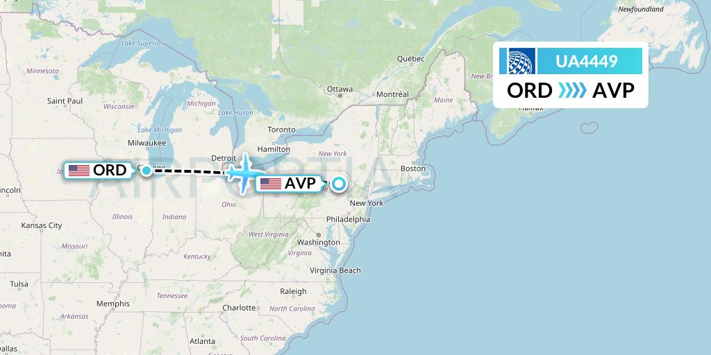 UA4449 United Airlines Flight Map: Chicago to Avoca