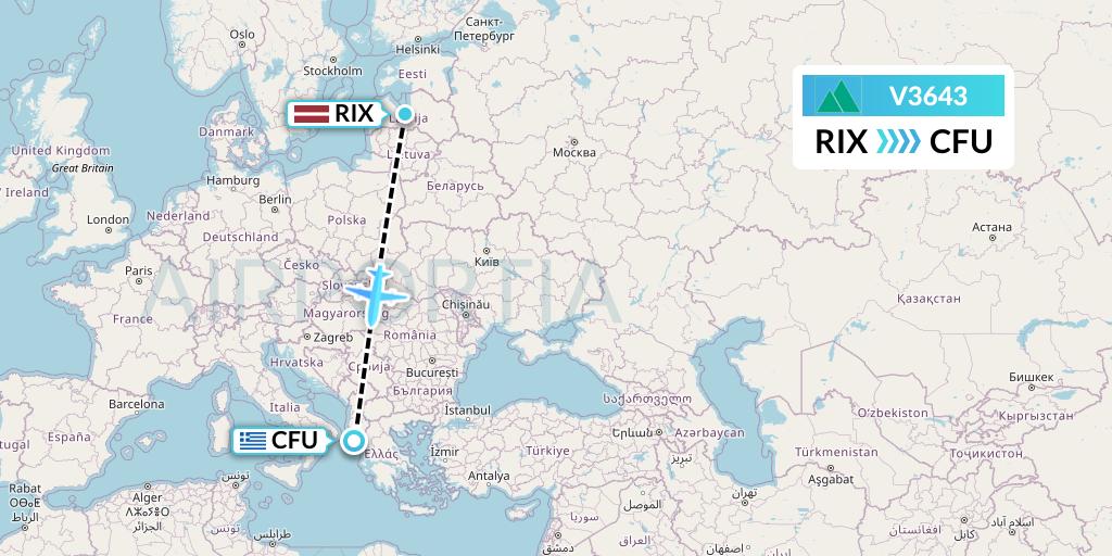 V3643 Carpatair Flight Map: Riga to Corfu