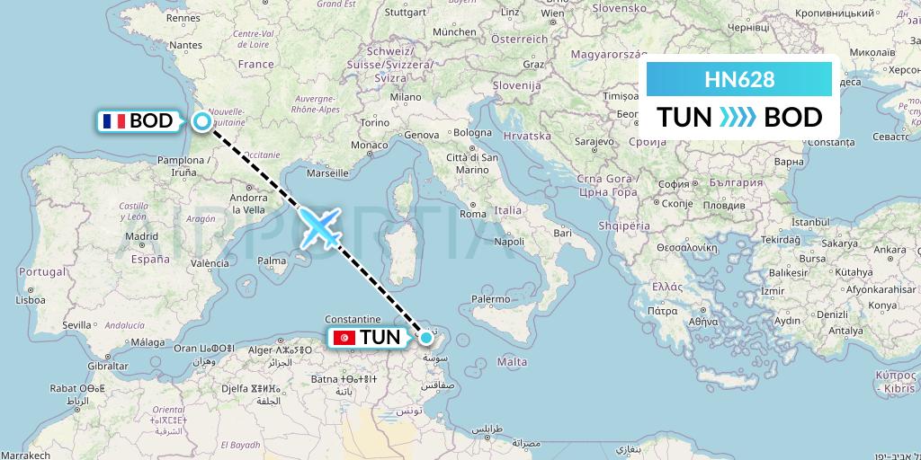 HN628 Uab Heston Airlines Jsc Heston Airl Flight Map: Tunis to Bordeaux