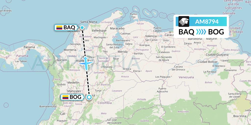 AM8794 Aeromexico Flight Map: Barranquilla to Bogota
