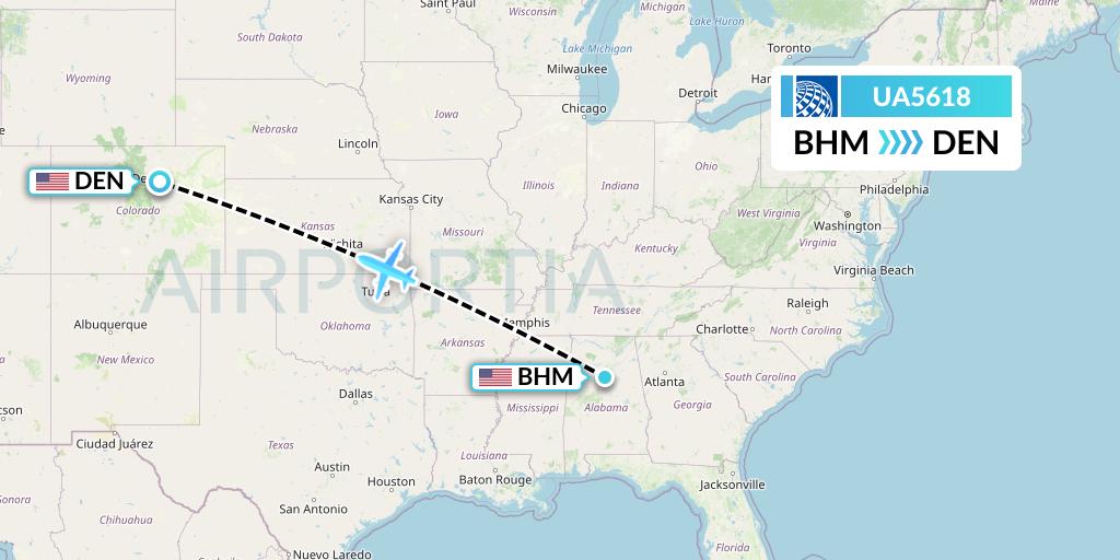 UA5618 United Airlines Flight Map: Birmingham to Denver
