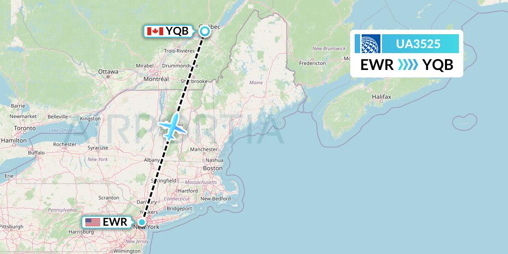 UA3525 United Airlines Flight Map: New York to Quebec
