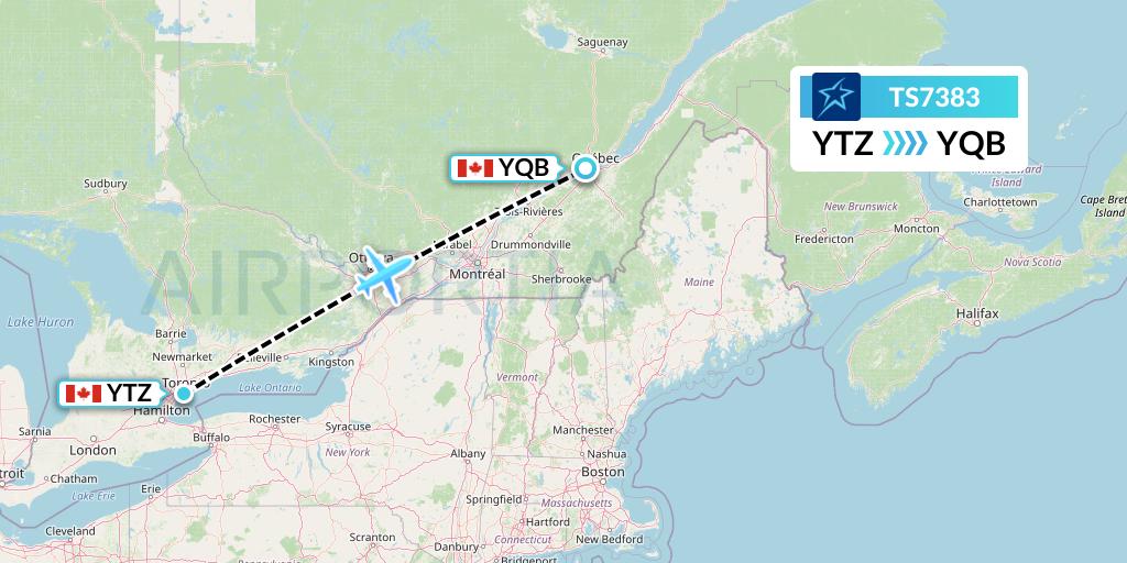 TS7383 Air Transat Flight Map: Toronto to Quebec