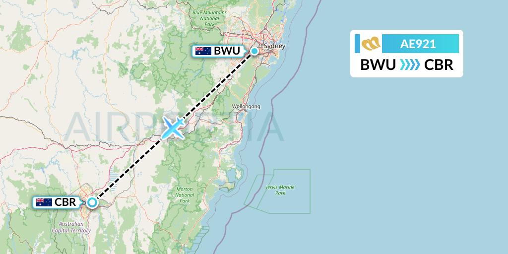 AE921 Mandarin Airlines Flight Map: Bankstown to Canberra