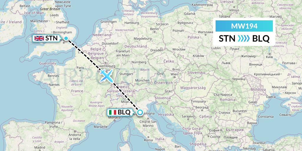MW194 Mokulele Flight Service Flight Map: London to Bologna