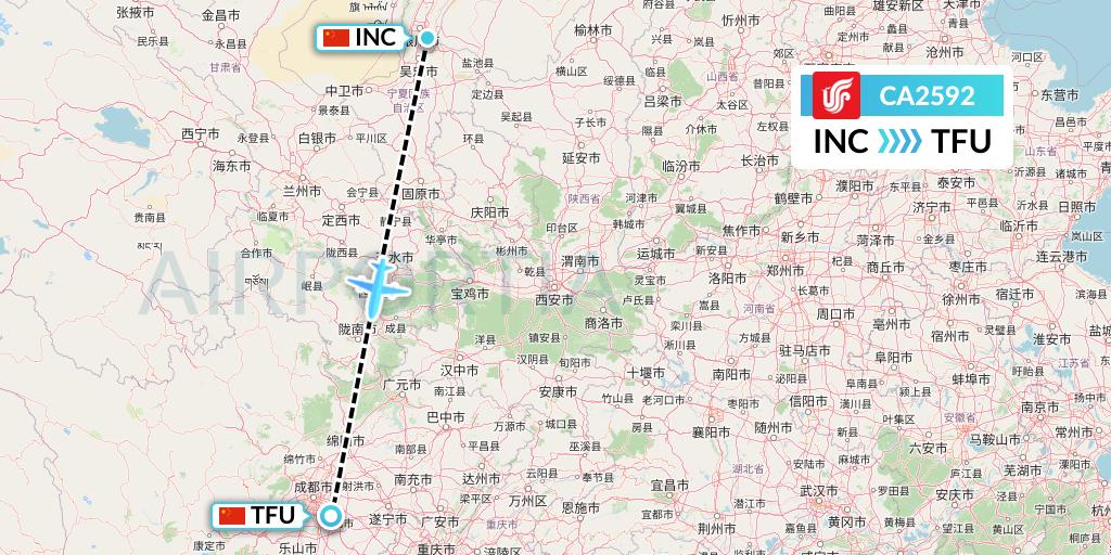 CA2592 Air China Flight Map: Yinchuan to Chengdu