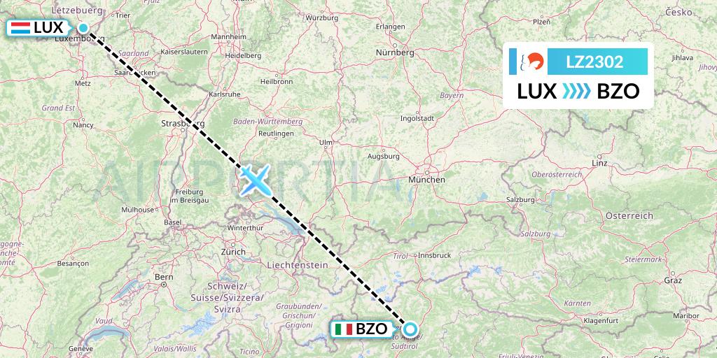 LZ2302 Air Link Flight Map: Luxembourg to Bolzano