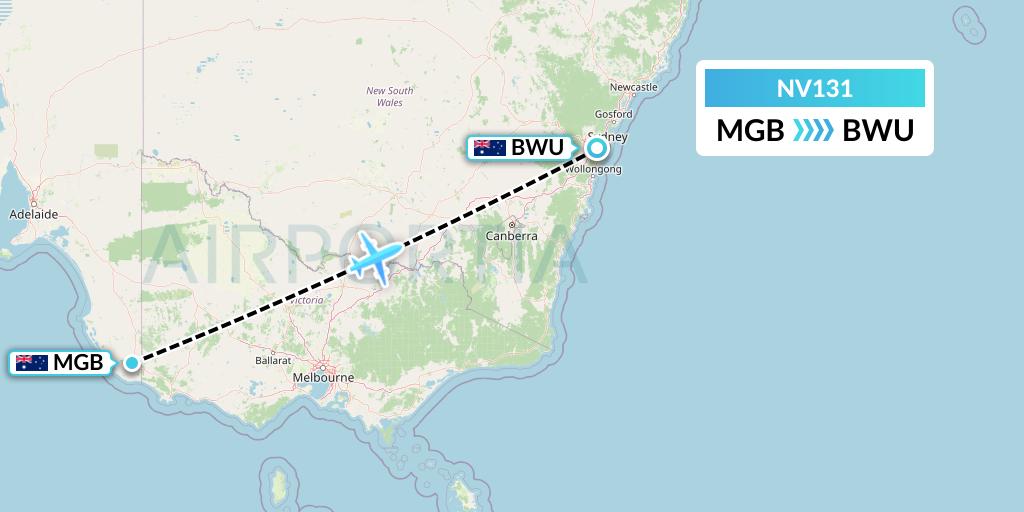 NV131 Naft Airlines Flight Map: Mount Gambier to Bankstown