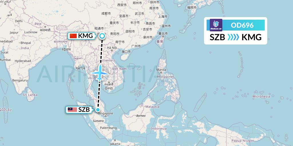 OD696 Batik Air Malaysia Flight Map: Kuala Lumpur to Kunming