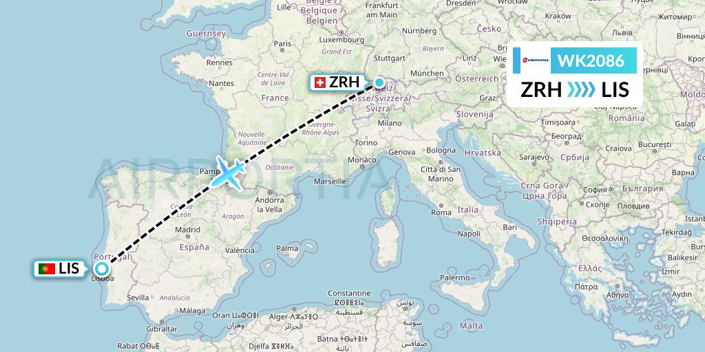 WK2086 Edelweiss Air Flight Map: Zurich to Lisbon