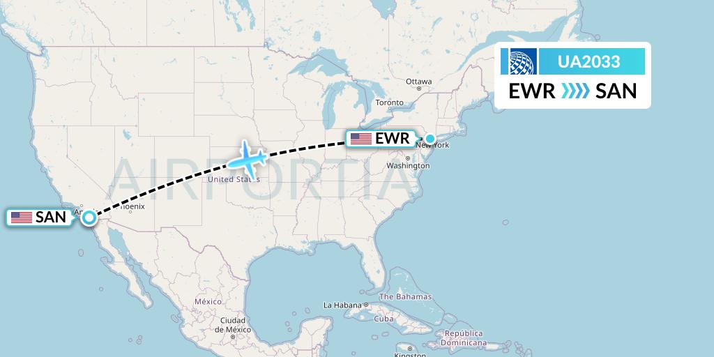 UA2033 United Airlines Flight Map: New York to San Diego