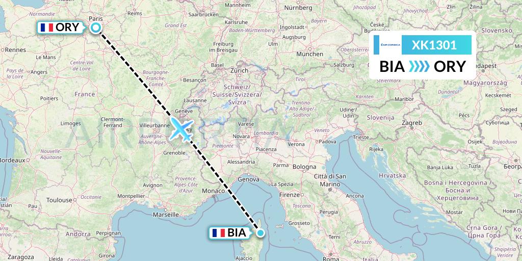 XK1301 Air Corsica Flight Map: Bastia to Paris