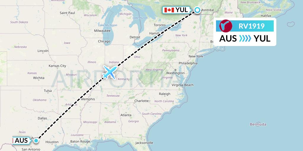 RV1919 Air Canada Rouge Flight Map: Austin to Montreal